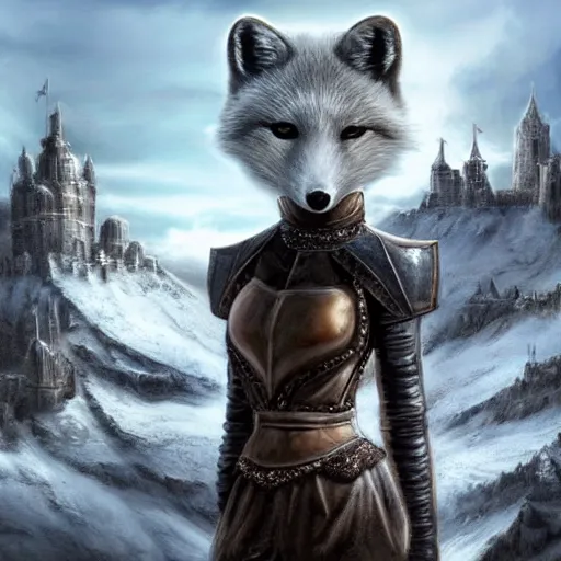 Image similar to anthropomorphic arctic fox wearing leather armor, fantasy city in the background