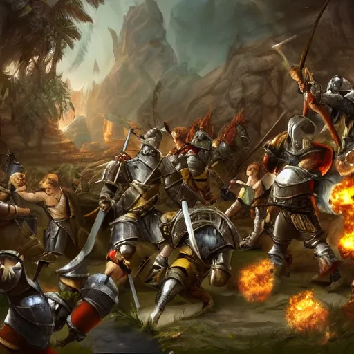 Prompt: a party of adventurers fighting knights, action shot, big battle, fantasy, concept art, detailed, HD, 4k, renaissance, epic-n 4