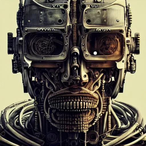 Prompt: ultra realist intricate detailed painting of a single rugged cyborg male, bearded face and cyborg tech on body, symmetry accurate features, cyberpunk, industrial, apocalyptic, very intricate details, focus, high resolution, 4 k, artstyle h. r. giger and hiraku tanaka, award winning