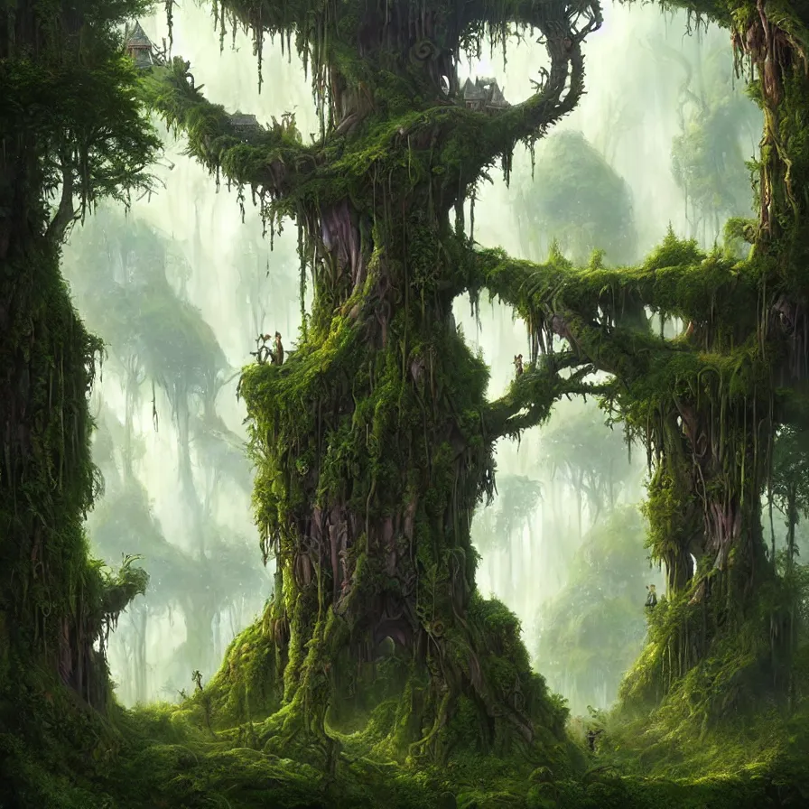 Image similar to fairy palace, castle towers, gnarly trees, lush vegetation, forest landscape, painted by tom bagshaw, raphael lacoste, eddie mendoza, alex ross concept art matte painting