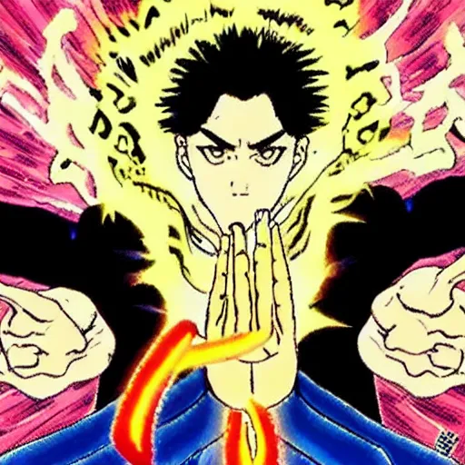 Image similar to a powerful psychic man emitting psychic powers, by hirohiko araki,