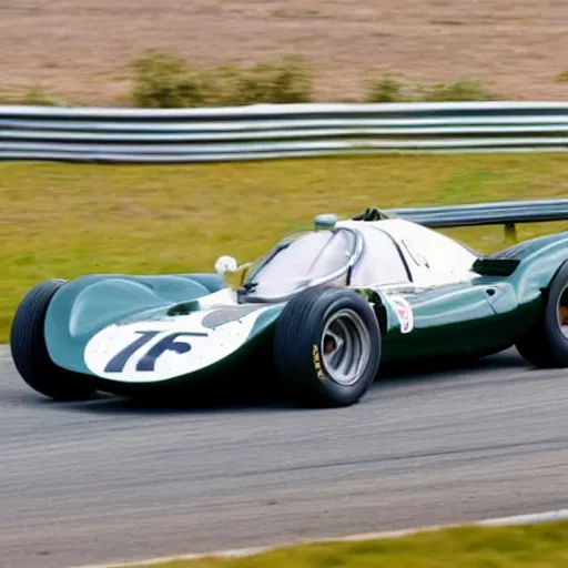 Image similar to a 1 9 6 9 lola t 1 6 3 driving on a racetrack
