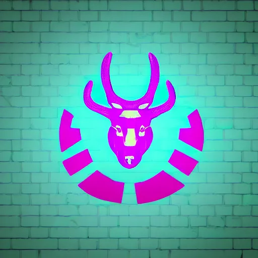 Image similar to logo for corporation that involves deer head, symmetrical, retro pink synthwave style, retro sci fi, neon lighting