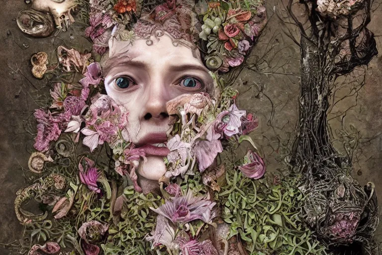 Image similar to beautiful and detailed rotten woman corpse with fractal plants and fractal flowers and mushrooms growing around, face muscles, veins, arteries, intricate, ornate, surreal, ray caesar, john constable, guy denning, dan hillier