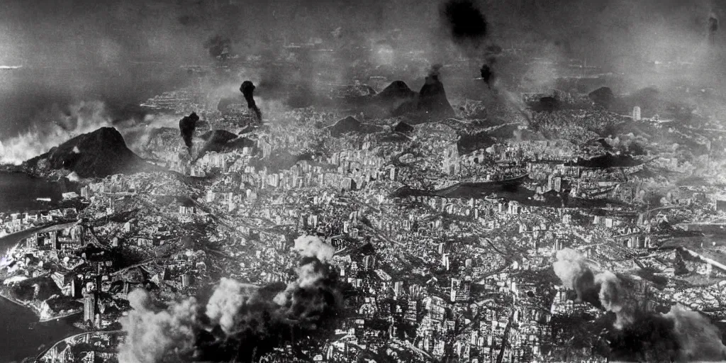 Image similar to the bombing of rio de janeiro ( 1 9 3 0 ), historical photograph, highly detailed, 4 k, real, destruction