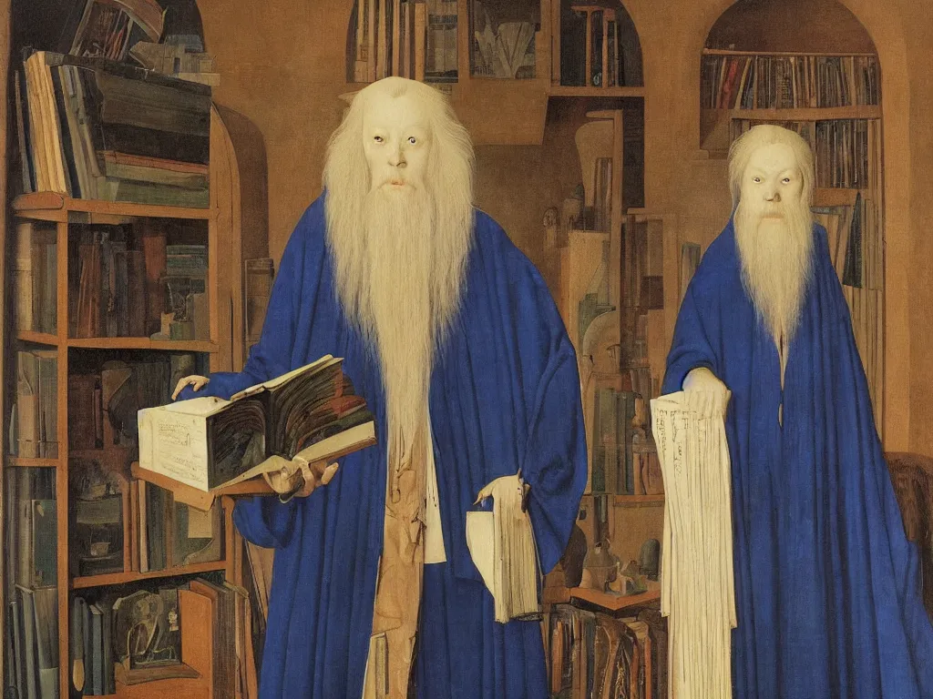 Prompt: Portrait of albino mystic with blue eyes, with books, large illustrated manuscripts. Painting by Jan van Eyck, Audubon, Rene Magritte, Agnes Pelton, Max Ernst, Walton Ford