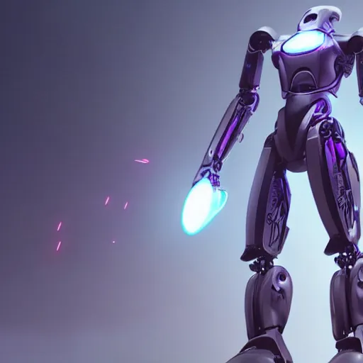 Image similar to hyperrealistic robot, futuristic, sci - fi, greg rutkowski, 3 d render, octane render, unreal engine, purple colors, dramatic lighting, epic composition