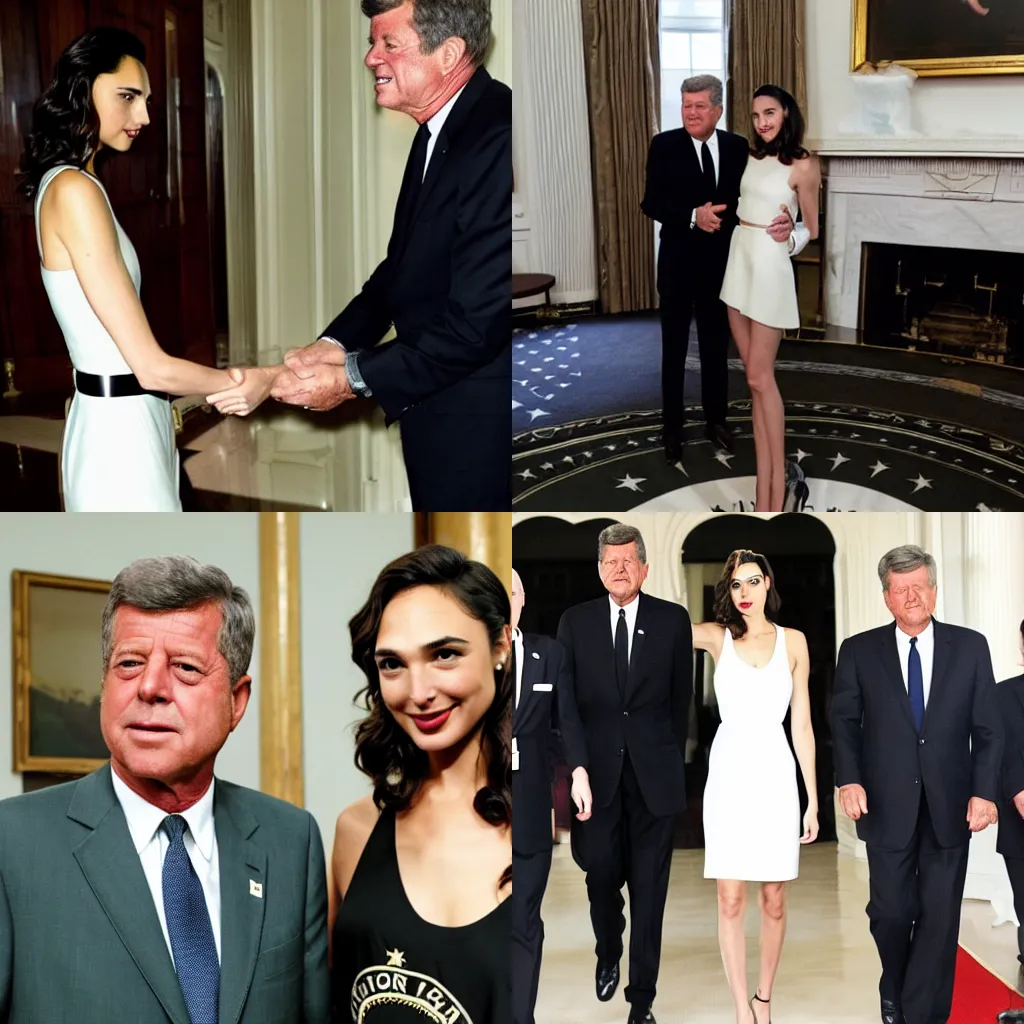 Prompt: gal gadot meets jfk john f kennedy in the white house