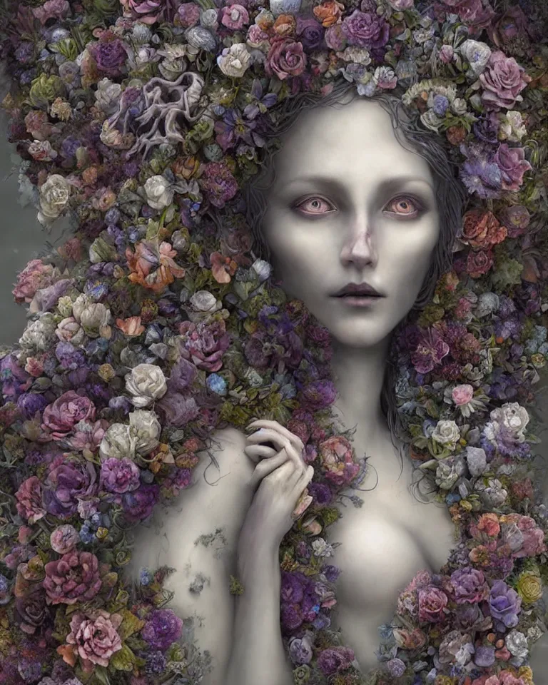 Prompt: gorgeous etherial female, portrait of interlaced gothic cemetery statue breaking apart, made of mist, made of flowers, Andrew Ferez, Charlie Bowater, Marco Mazzoni, Seb McKinnon, Ryohei Hase, Alberto Seveso, Kim Keever, trending on cgsociety, featured on zbrush central, new sculpture, mystical