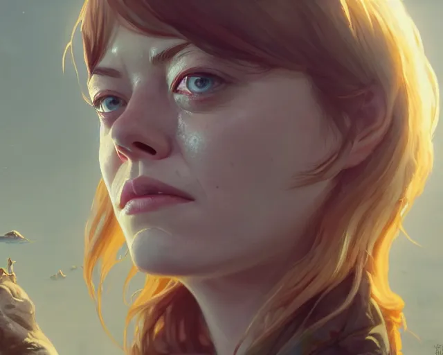 Image similar to highly detailed portrait of emma stone, in the walking dead, stephen bliss, unreal engine, fantasy art by greg rutkowski, loish, rhads, ferdinand knab, makoto shinkai and lois van baarle, ilya kuvshinov, rossdraws, tom bagshaw, global illumination, radiant light, detailed and intricate environment