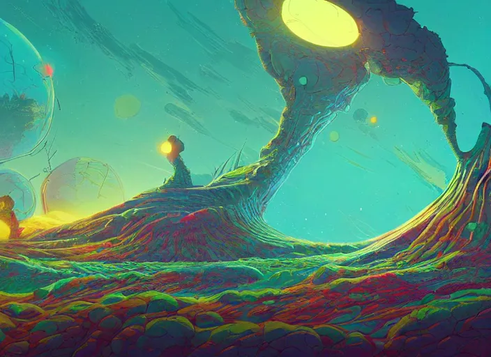 Prompt: psychedelic concept art of an alien landscape made of baked beans, cel shaded, in the style of makoto shinkai and moebius and peter mohrbacher and anton fadeev