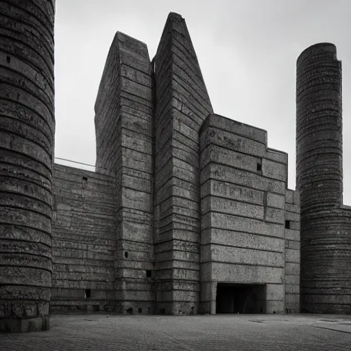 Image similar to a sci - fi beautiful brutalist monumental castle, with many towers sprouting from the base tower creating a complex and unique geometric building, photography