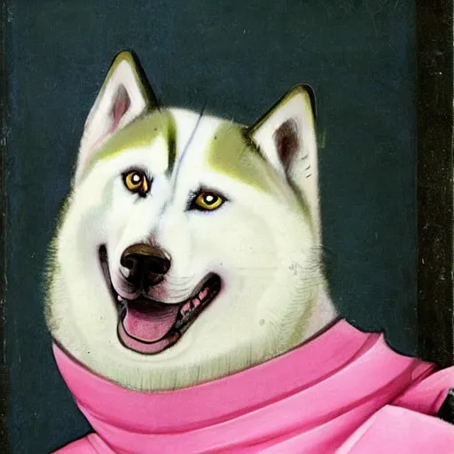 Image similar to fat siberian husky dog princess in pink gown with a goofy expression, medieval painting