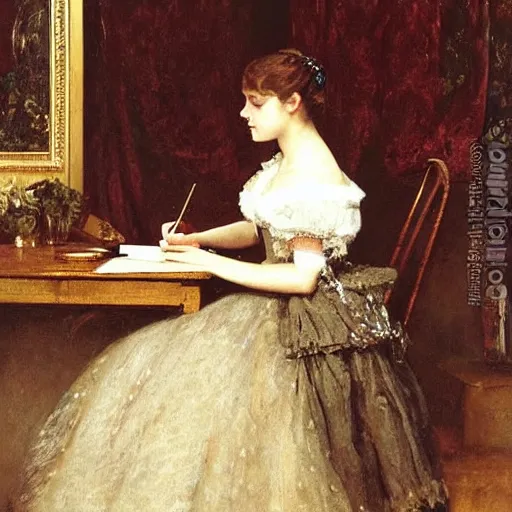 Image similar to victorian girl in ball gown writing a letter, painting by alfred stevens