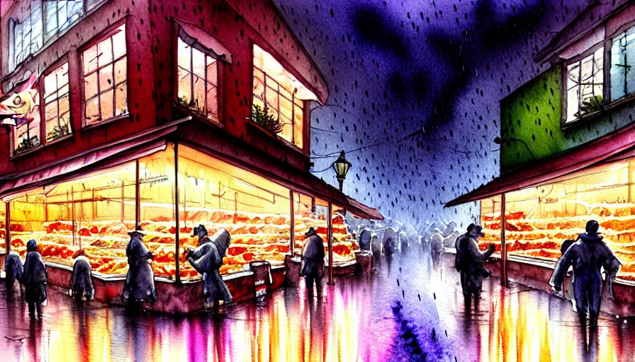 Image similar to watercolor painting of a butcher shop, raining, busy street, romantisism, outrun, pastel colors, painting, moody, detailed, by android jones