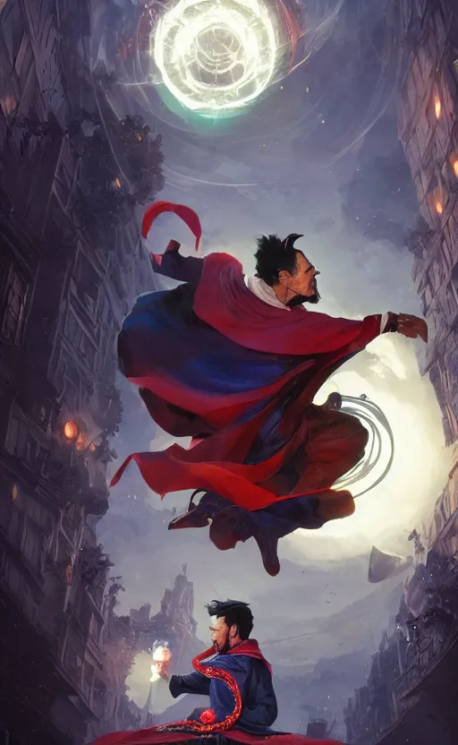 Image similar to the third first image on the scattered absurdity server, dr strange and dr seuss, very pretty, photorealistic, portal hopping and time warping with reckless abandon, by Greg rutkowski