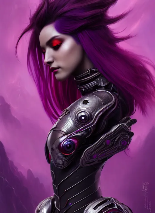 Image similar to a photorealistic detailed image of a beautiful stoic vampire in sci - fi bionic armor with purple hair, black and red, intricate, elegant, highly detailed, digital painting, artstation, concept art, smooth, sharp focus, illustration, art by hana yata, artem demura, alphonse mucha, octane render, unreal engine, 8 k