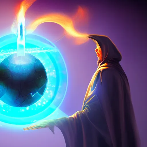 Image similar to a warlock is casting a magic spell, while a few small magic orb is floating nearby, the magic orb emit a blueish vapour, dynamic pose, chromatic aberration , medium level shot, Grim fantasy, illustration ,digital art, concept art,