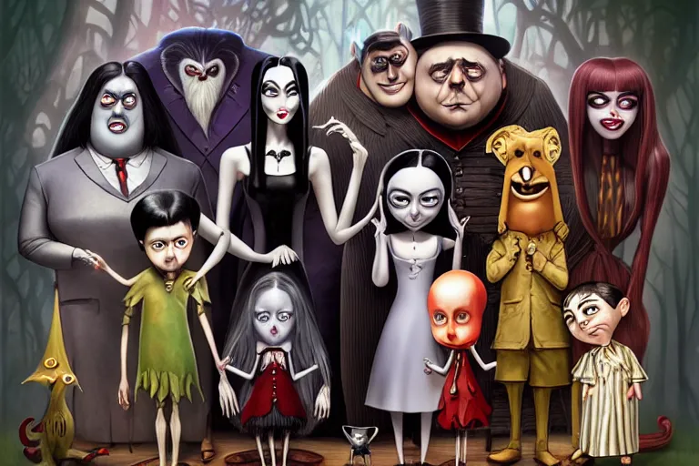 Prompt: the addams family, american mcgee's alice, sharp focus, artstation, trending, by julie dillon, luis melo, tyler miles lockett, lei jin, hong lei, ken wong, adam narozanski, joy ang