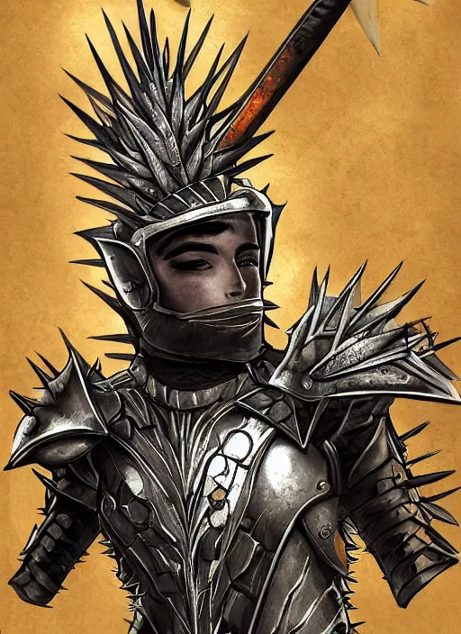 Image similar to a warrior with a giant needle on top of their helmet wearing spiky armor, digital art, character portrait