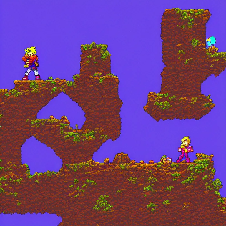 Image similar to screenshot from chrono trigger, pixel art of a dramatically lit night time scene of two colorful hikers wearing headphones and backpacks dancing quietly on a low rocky outcrop overlooking a wavy sea