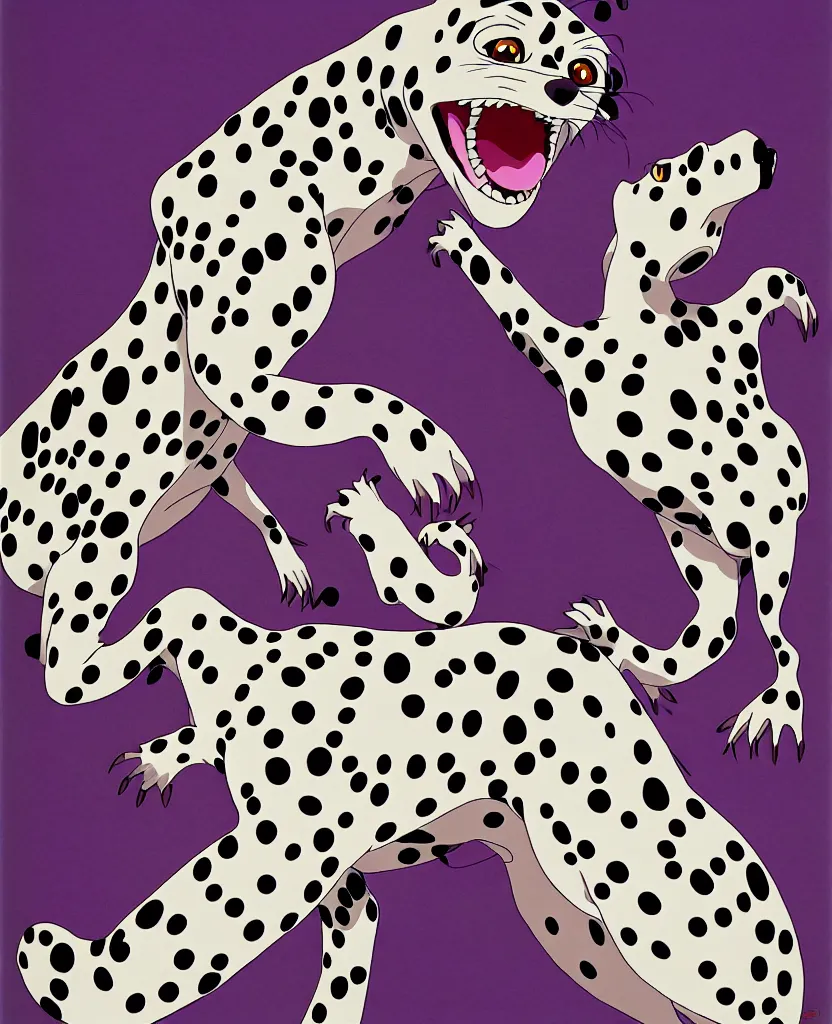 Image similar to beautiful painting from the anime film by studio ghibli, purple anthropomorphic Dalmatian, snarling, drooling, fur, by MC Escher