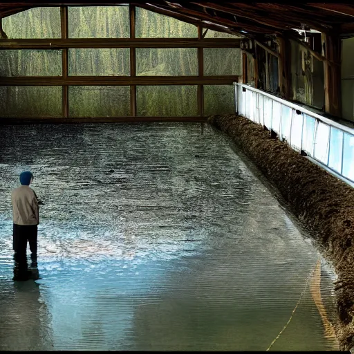 Image similar to a Philosopher visits a fish hatchery in the rural countryside. Realistic, photographic quality.