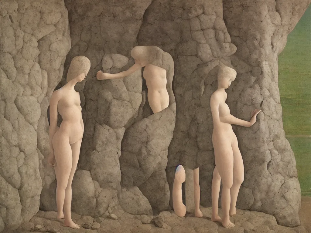 Prompt: Woman transforming into a rock and a flower sculpted by Henri Moore. Textured cavern walls. Fern. Painting by Piero della Francesca, Morandi, Alex Colville