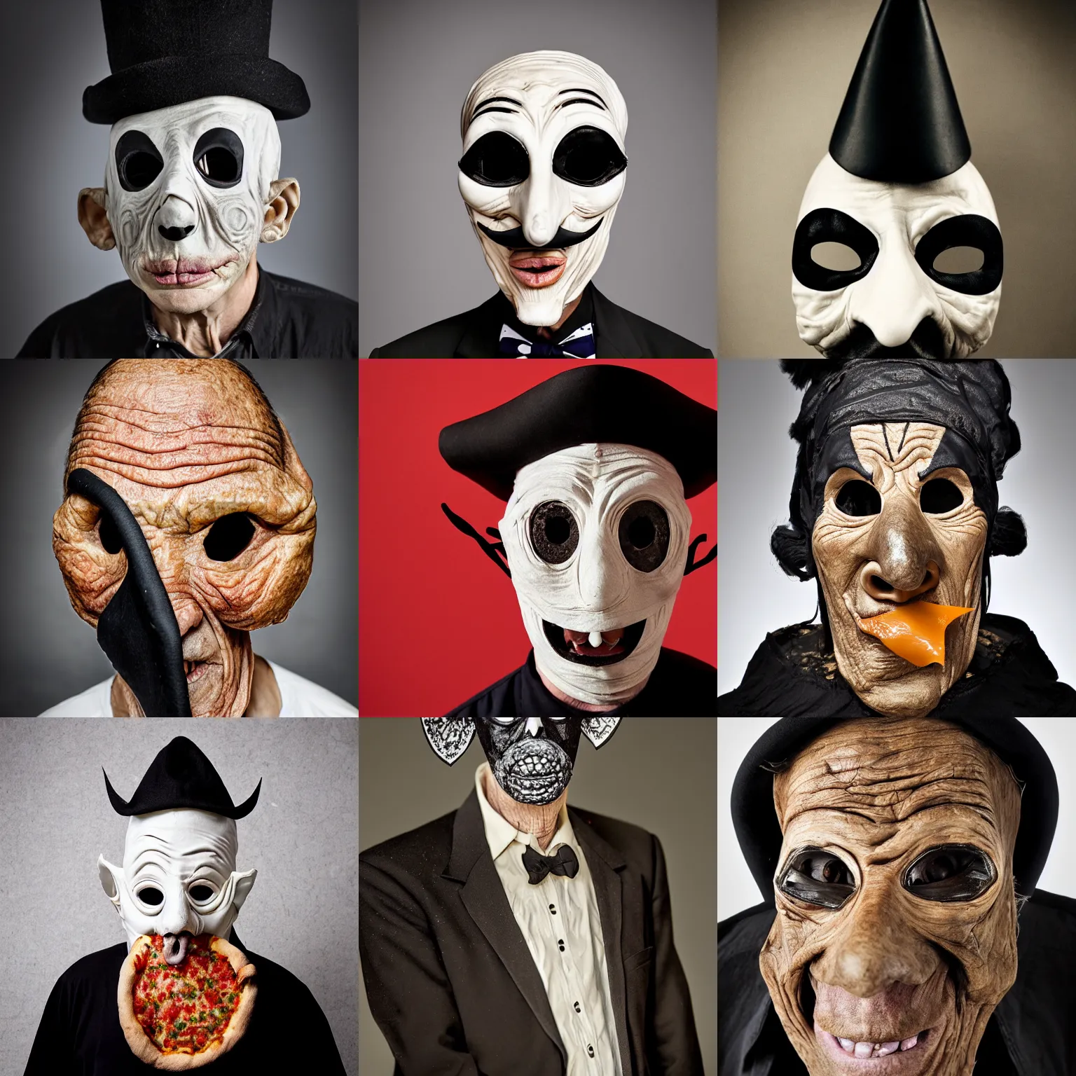 Prompt: portrait photo of an old wrinkled man, skinny face, bony face, long nose, crooked nose, large full mouth, black pulcinella masquerade mask, pointy conical hat, white wrinkled shirt, presenting pizza, black background, close - up, skin blemishes, menacing, intimidating, masterpiece by jimmy nelson