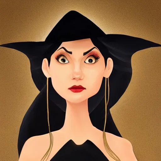 Image similar to portrait of a beautiful female witch in black and golden dress , digital painting , digital art , pixar style , Disney , instagram , trending on artstation