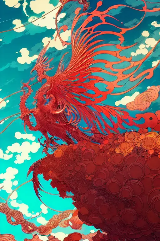 Image similar to a beautiful hyperdetailed character design 4 k wallpaper illustration of a huge reddish phoenix, victo ngai style, from china, style of studio ghibli, makoto shinkai, raphael lacoste, louis comfort tiffany, denoise, deblurring, artgerm, xision, james jean, ross tran, chinese style