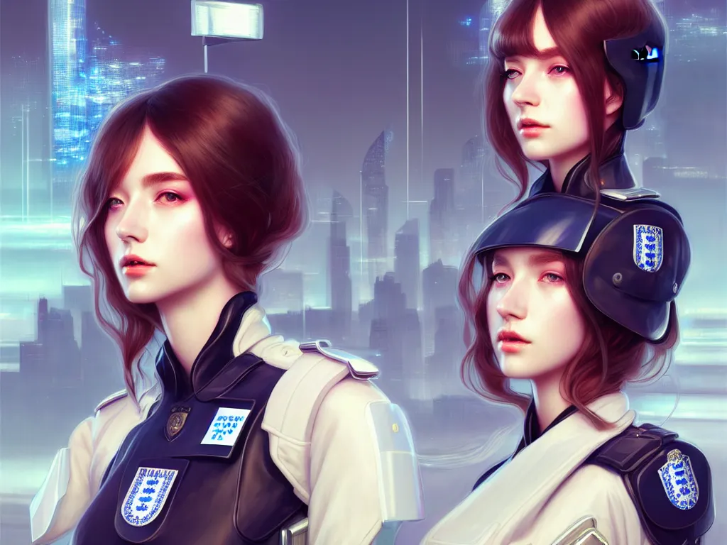 Image similar to portrait futuristic england police uniform girl, at future neon light rooftop, ssci - fi and fantasy, intricate and very very beautiful and elegant, highly detailed, digital painting, artstation, concept art, smooth and sharp focus, illustration, art by tan zi and ayanamikodon and alphonse mucha and wlop