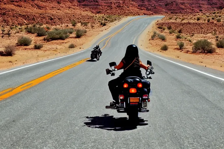 Prompt: riding a harley davidson on a desert road, cinematic