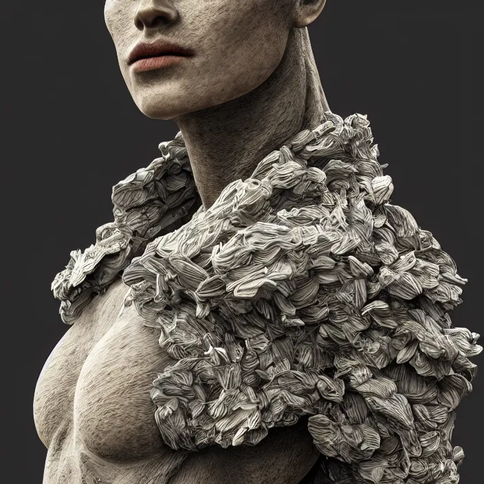 Image similar to a portrait of a stoic statue wearing clothes, aesthetic, naturel, hyper detailed, digital sculpture, trending in artstation, cinematic lighting, studio quality, smooth render, unreal engine 5 rendered, octane rendered, art style by klimt and nixeu and ian sprigger and wlop and krenz cushart