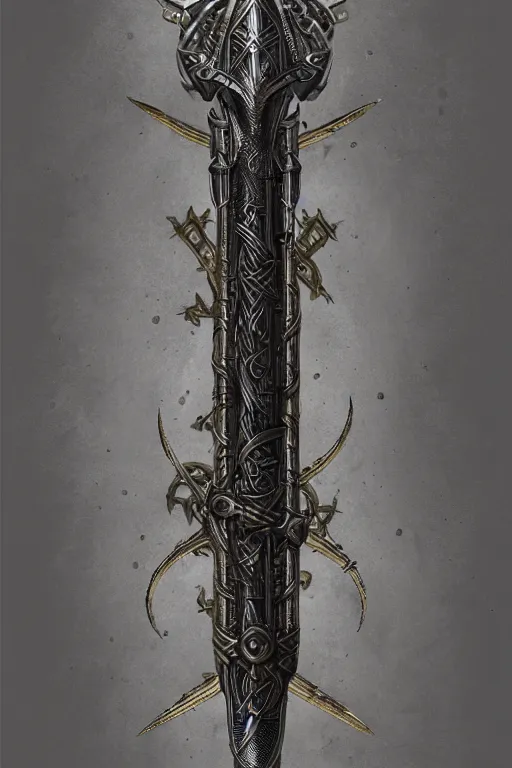 Prompt: masterpiece, medieval viking divine sword of power, shiny blade and stylized hilt, doom, elegant, majestic, epic, art by h. r. giger, greg rutkowski, josan gonzalez, alexey egorov, biomechanical, alchemy, monogram