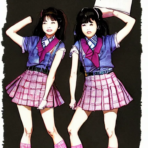 Image similar to a perfect, realistic professional digital sketch of two 80s Japanese schoolgirls posing, in style of Marvel and DC, full length, by pen and watercolor, by a professional American senior artist on ArtStation, a high-quality hollywood-style sketch, on high-quality paper