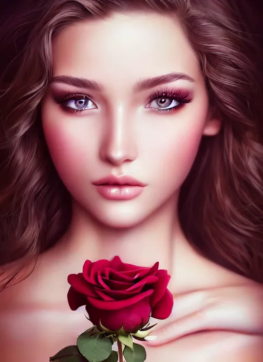 Prompt: a gorgeous female photo, professionally retouched, soft lighting, holding a bouquet of roses, realistic, smooth face, perfect eyes, wide angle, sharp focus on eyes, 8 k high definition, insanely detailed, intricate, elegant, art by artgerm