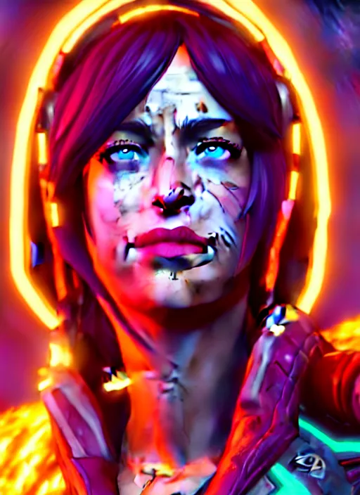 Image similar to glowwave portrait of dakota johnson from borderlands 3, au naturel, hyper detailed, digital art, trending in artstation, cinematic lighting, studio quality, smooth render, unreal engine 5 rendered, octane rendered, art style by klimt and nixeu and ian sprigger and wlop and krenz cushart.