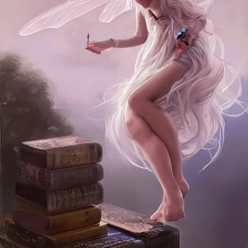 Prompt: a painting of a tiny!!! fairy flying sitting on a bookshelf, ((((library interior)))), Blond hair, white dress!!! Front fancing portrait, concept art by artgerm, alex ross, ruan jia, behance contest winner, vanitas, official art, poster art, concept art