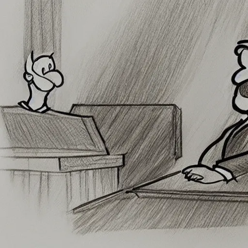 Prompt: mario at the witness stand in court. pencil court sketch. intricate. highly professionally detailed.