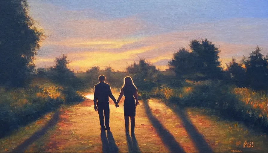 Image similar to oil painting, happy lovers leaving together, walking towards the sunset, cinematic lighting, wow, establishing shot