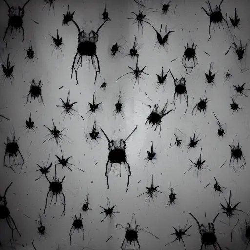 Prompt: haunted house ghost bugs dark room grey black