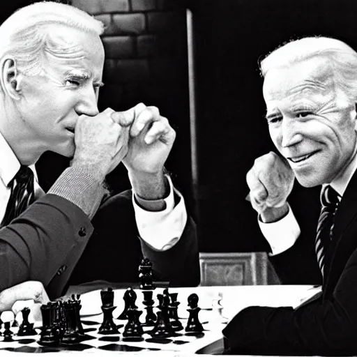 Image similar to joe biden playing chess against a clone of himself joe biden, black and white film, joe biden in the seventh seal