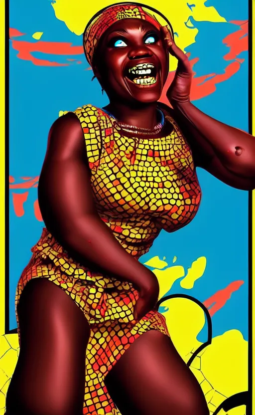 Image similar to mama africa laugh at her child!!! pop art, pixel, bioshock, gta chinatown, artgerm, richard hamilton, mimmo rottela, julian opie, aya takano, ultra hardly intricity details!!! ultra realistic visual!!!