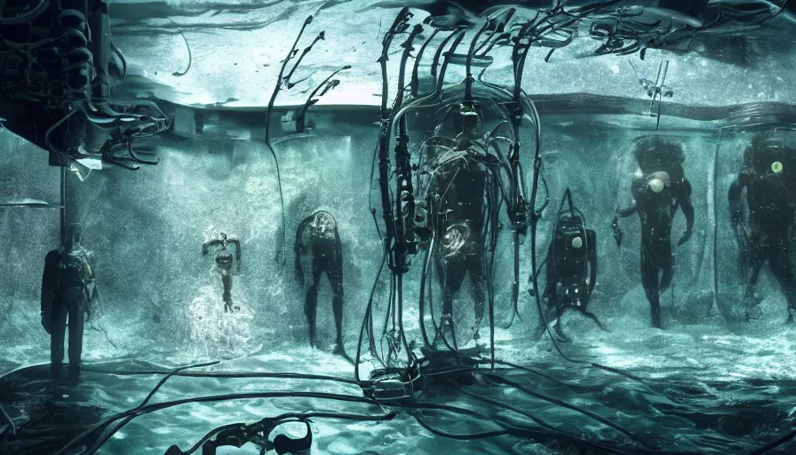 Image similar to Big budget horror movie, an underwater biolab run by cyborgs, deep in the ocean, dark and gloomy