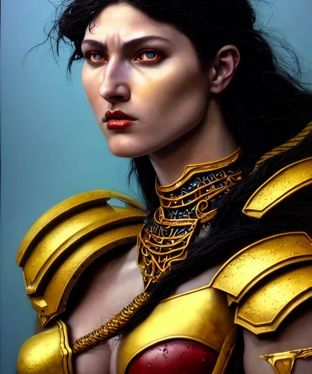 Prompt: hyperrealistic mixed media painting of a beautiful young female barbarian, stunning 3d render inspired art by P. Craig Russell and Barry Windsor-Smith + perfect facial symmetry + dim volumetric lighting, dark black hair, pale skin, ornate crimson armor with gold trim, dizzy, full body, confident heroic pose, arms crossed, d&d, 8k octane beautifully detailed render, post-processing, extremely hyperdetailed, intricate, epic composition, grim yet sparkling atmosphere, cinematic lighting + masterpiece, trending on artstation, very very detailed, masterpiece, stunning