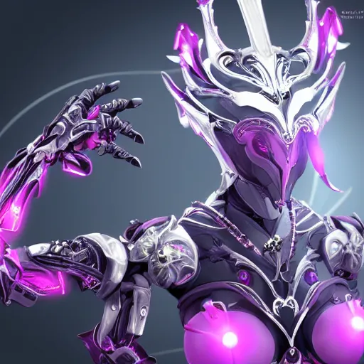 Image similar to highly detailed exquisite fanart, of a beautiful female warframe, but as a robot dragon, shiny silver armor with fuchsia accents, engraved, elegant pose, close-up shot, epic cinematic shot, glowing purple eyes, sharp claws for hands, professional digital art, high end digital art, singular, realistic, captura, DeviantArt, artstation, Furaffinity, 8k HD render