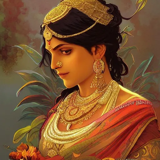 Image similar to portrait of Beautiful indian bride , full of details, matte painting, concept art, smooth, by Jordan Grimmer and by artgerm by Alphonse mucha