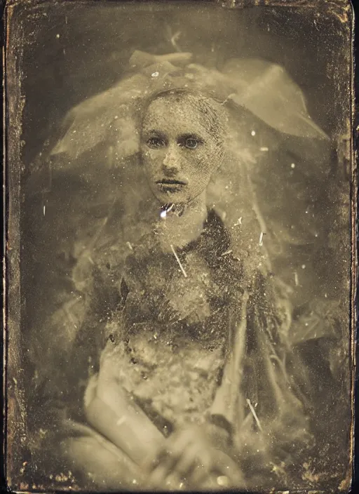 Image similar to old wetplate daguerreotype portrait with crackle skin, explosion of data fragments, fractal, intricate, elegant, highly detailed, parallax, leica, medium format, subsurface scattering, by jheronimus bosch and greg rutkowski and louis jacques mande daguerre