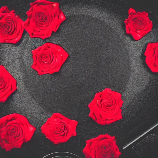 Prompt: red roses, laying on a vinyl record, dark photography